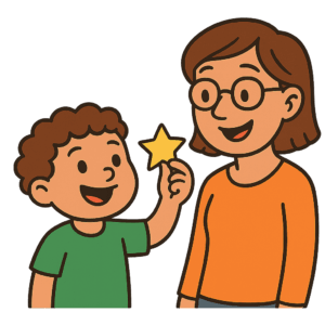 Child holding a star sticker while parent or teacher looks encouraging.